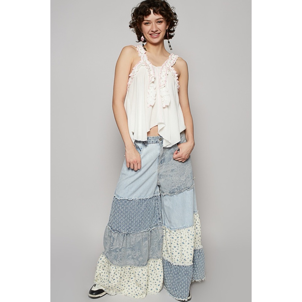 Mixed Denim & Floral Tiered Ruffle Exaggerated Wide Leg Patchwork Jeans - Picture 7 of 9